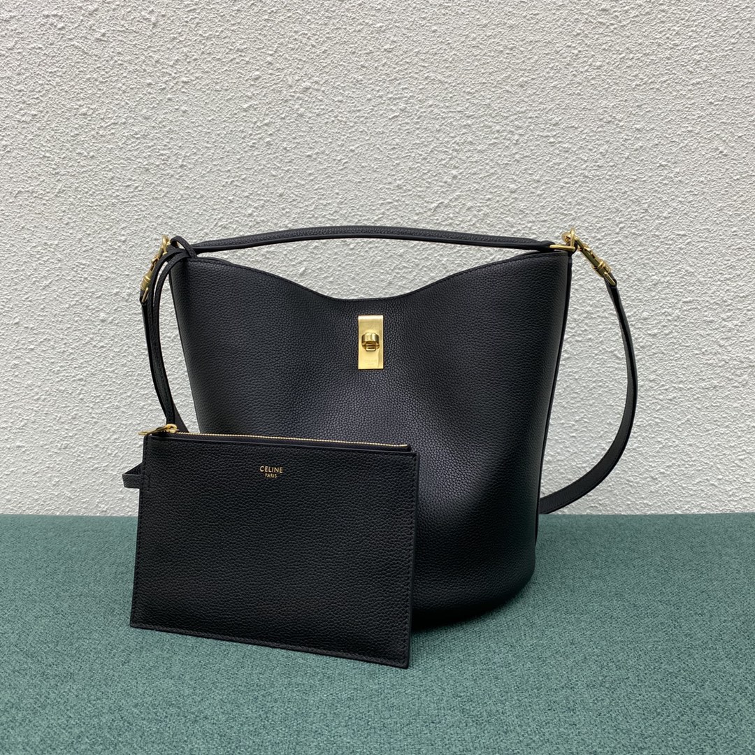 Celine Bucket 16 Grained Calfskin Handbag Shoulder Bag Black 195573